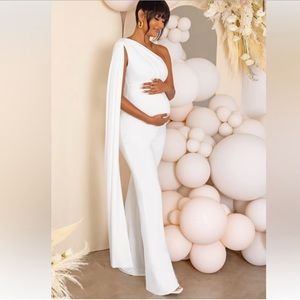 WHITE MATERNITY ONE SHOULDER CAPE JUMPSUIT